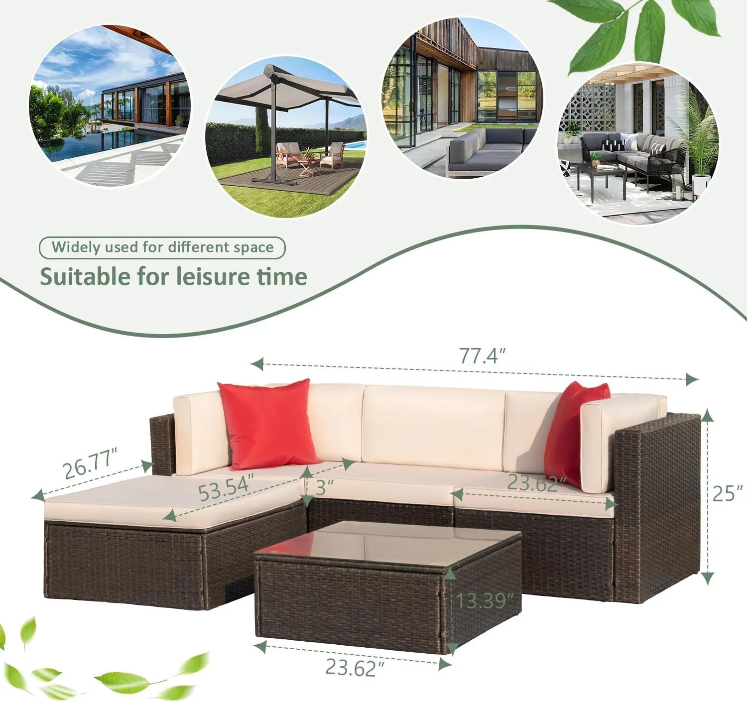 Devoko 5 Pieces Patio Furniture Sets All Weather Outdoor Sectional Patio Sofa Manual Weaving Wicker Rattan Patio Seating Sofas with Cushion and Glass Table(Beige)