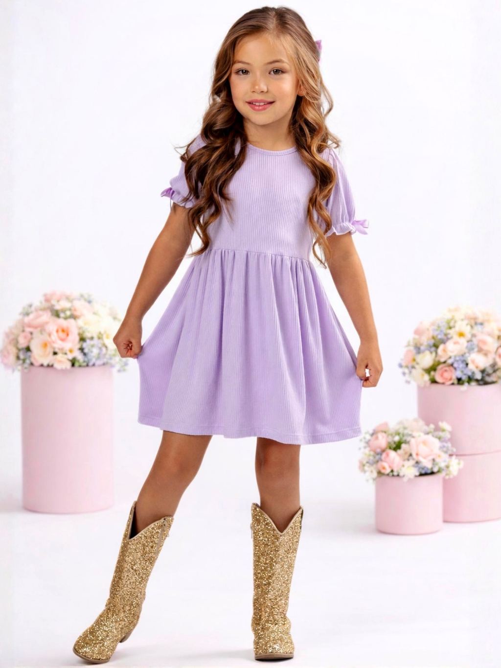 Lavender Charm Ribbed Bow Sleeve Dress