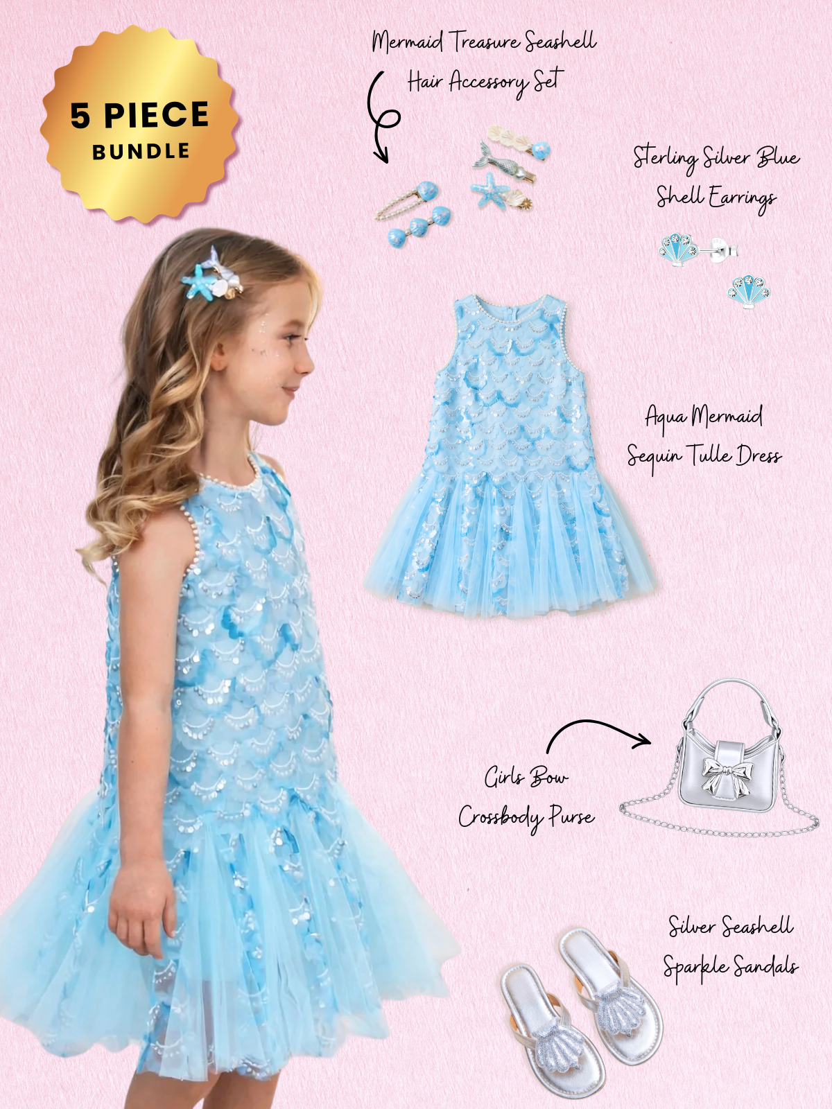 Aqua Mermaid Sequin Tulle Dress Complete Look 5-Piece Set