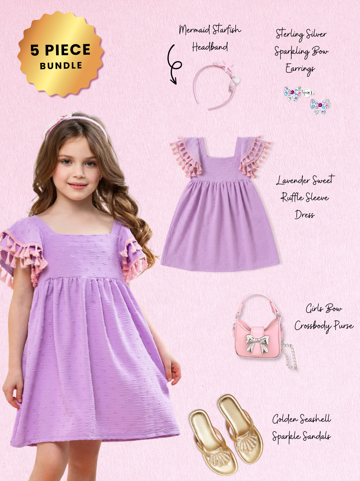 Lavender Sweet Ruffle Sleeve Dress Complete Look 5-Piece Set