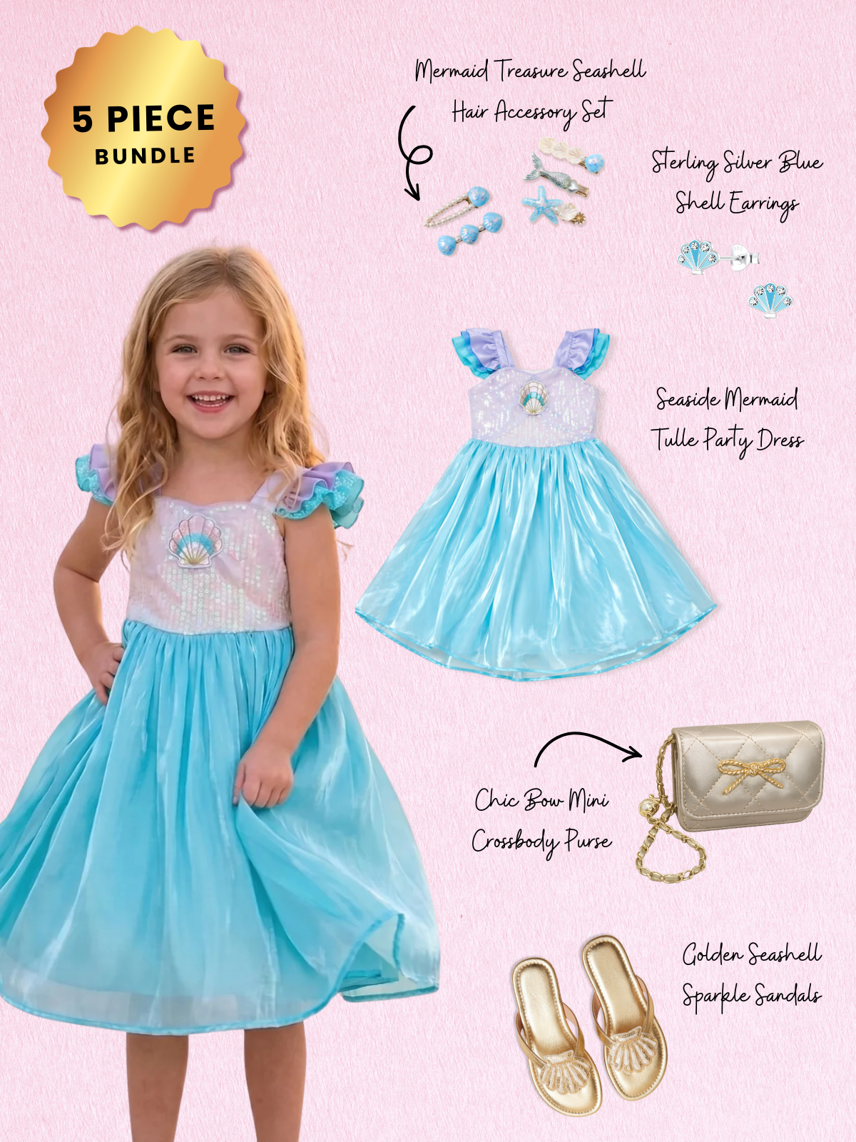 Seaside Mermaid Tulle Party Dress Complete Look 5-Piece Set