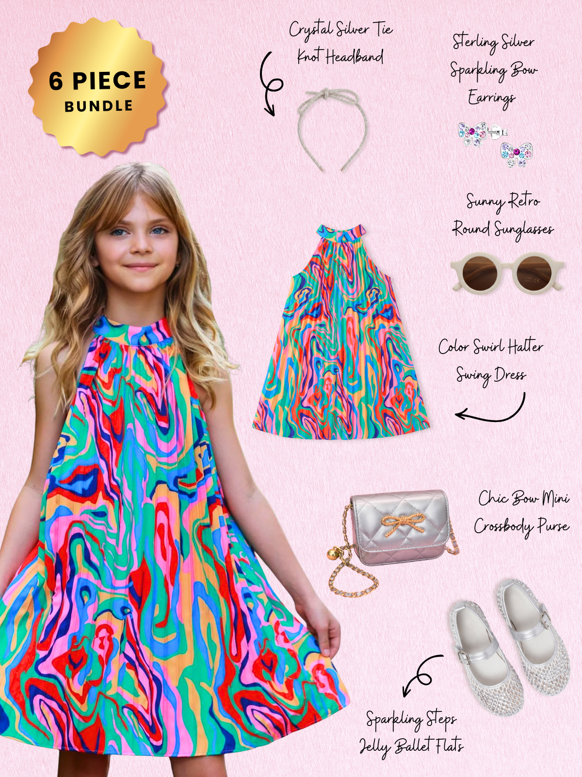 Color Swirl Halter Swing Dress Complete Look 6-Piece Set