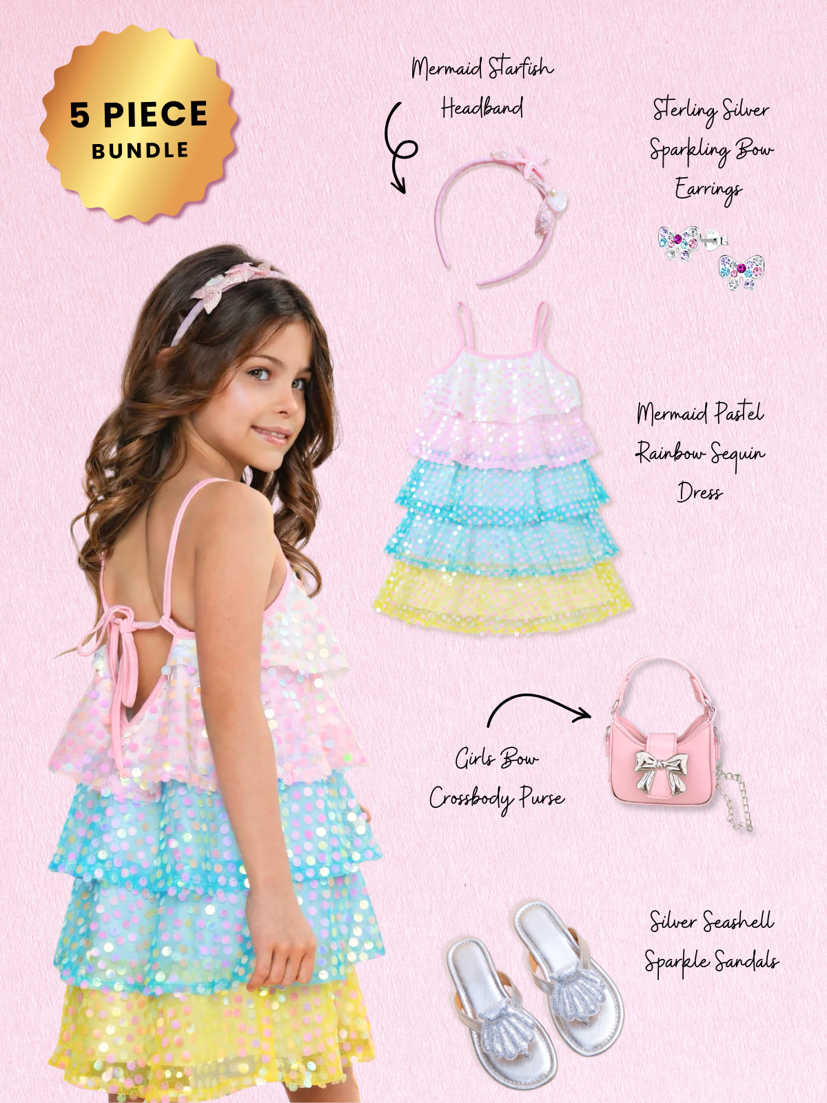 Pastel Rainbow Sequin Dress Complete Look 5-Piece Set