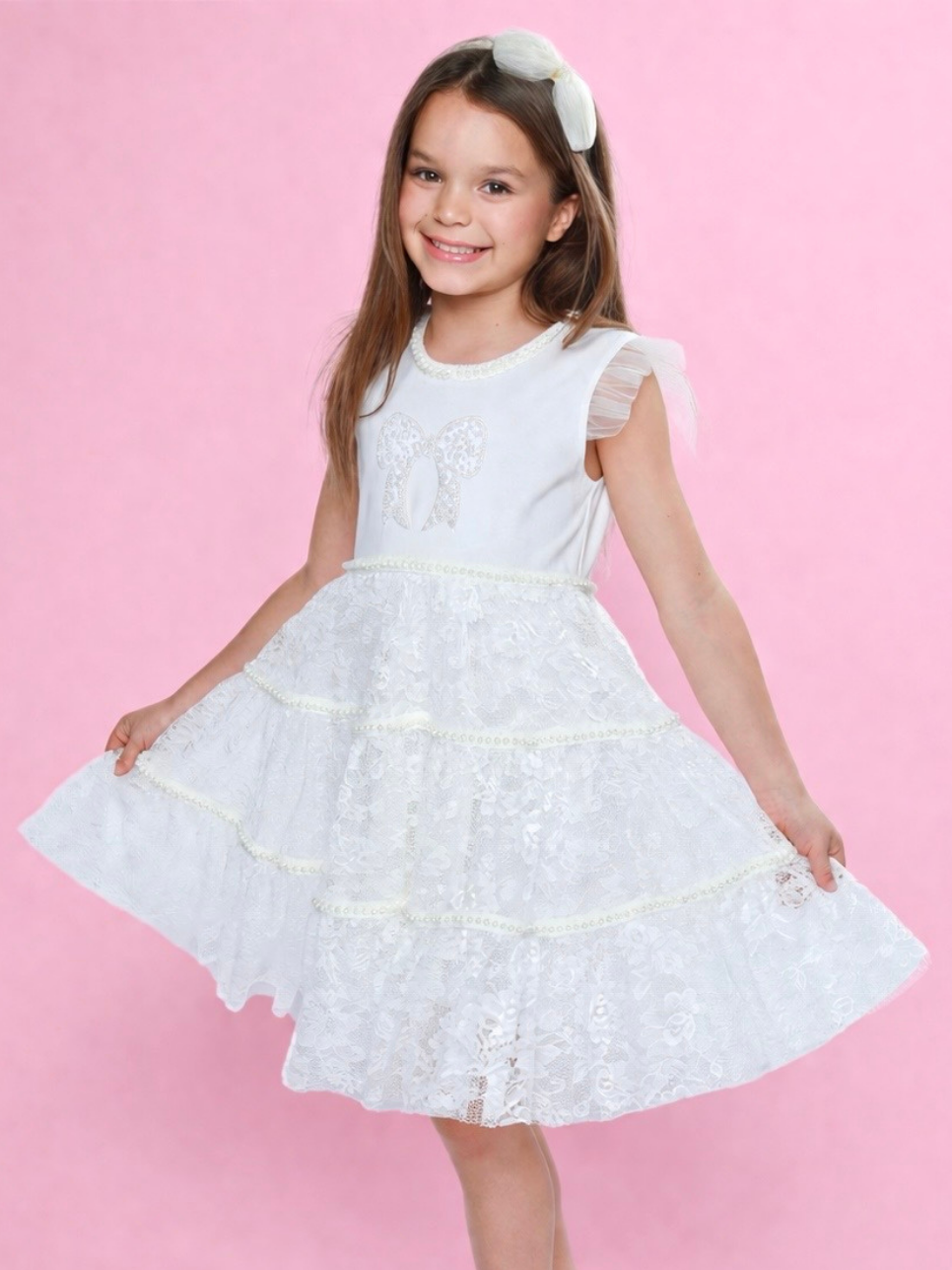 Sweet Lace Pearl & Bow Tiered Dress