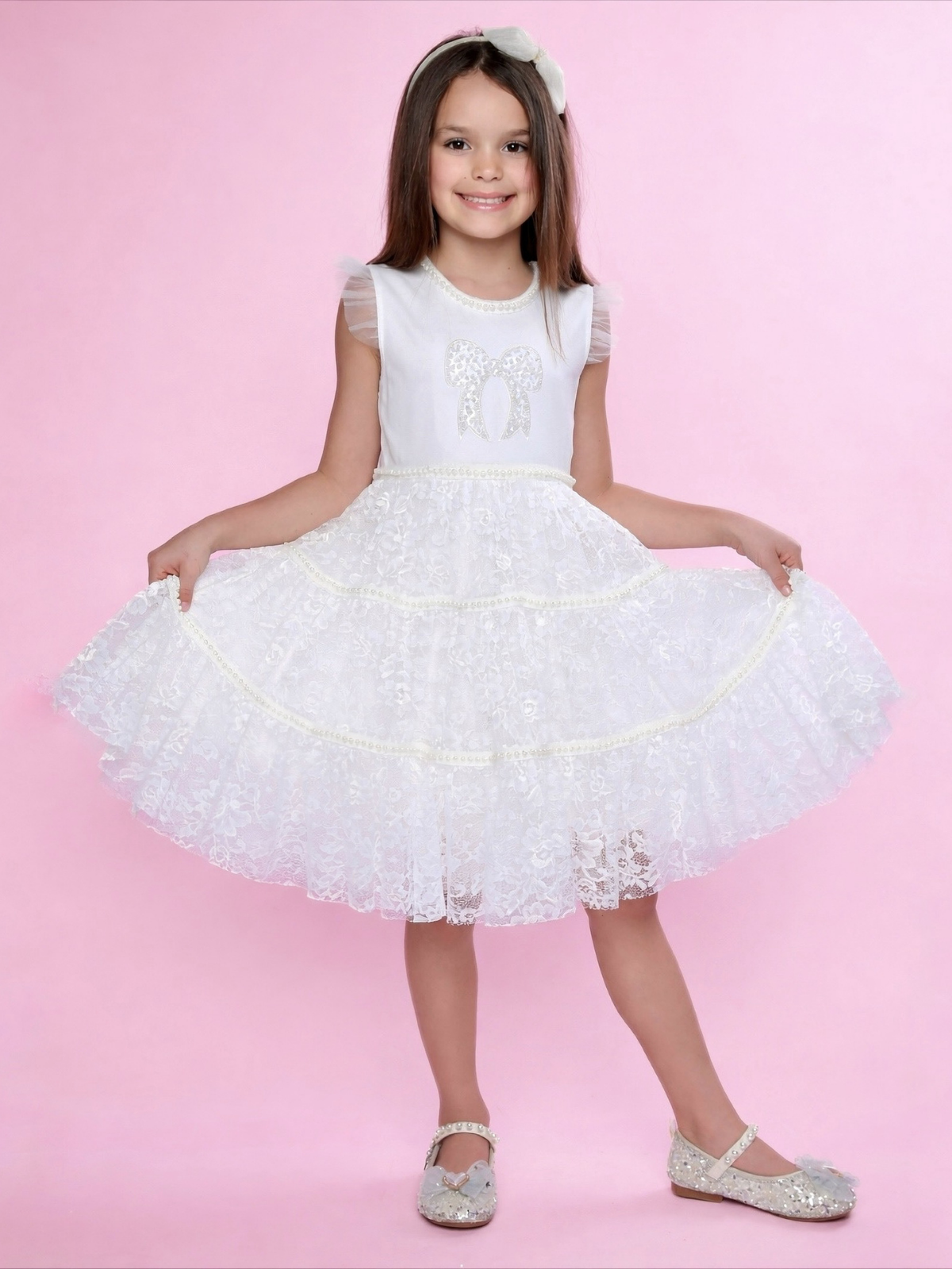Sweet Lace Pearl & Bow Tiered Dress