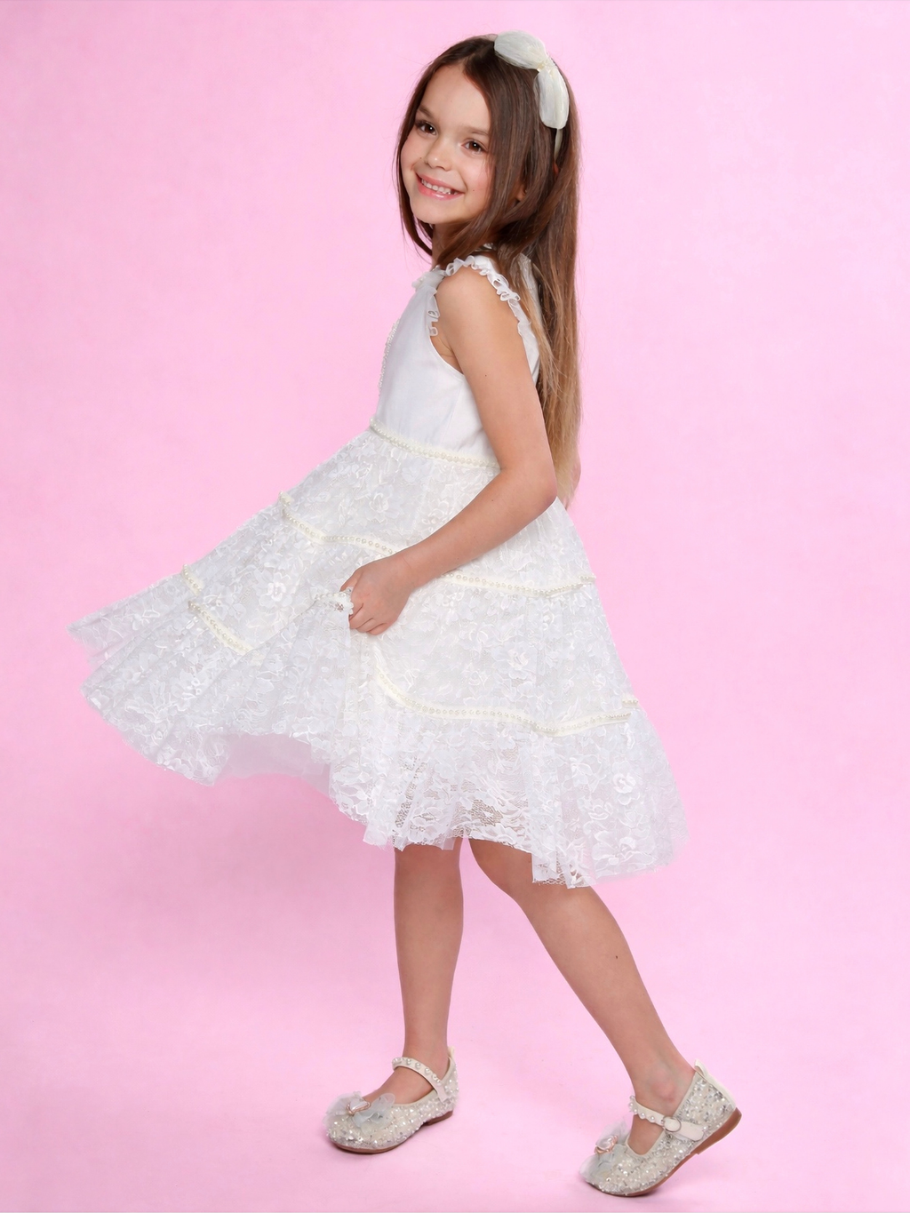 Sweet Lace Pearl & Bow Tiered Dress