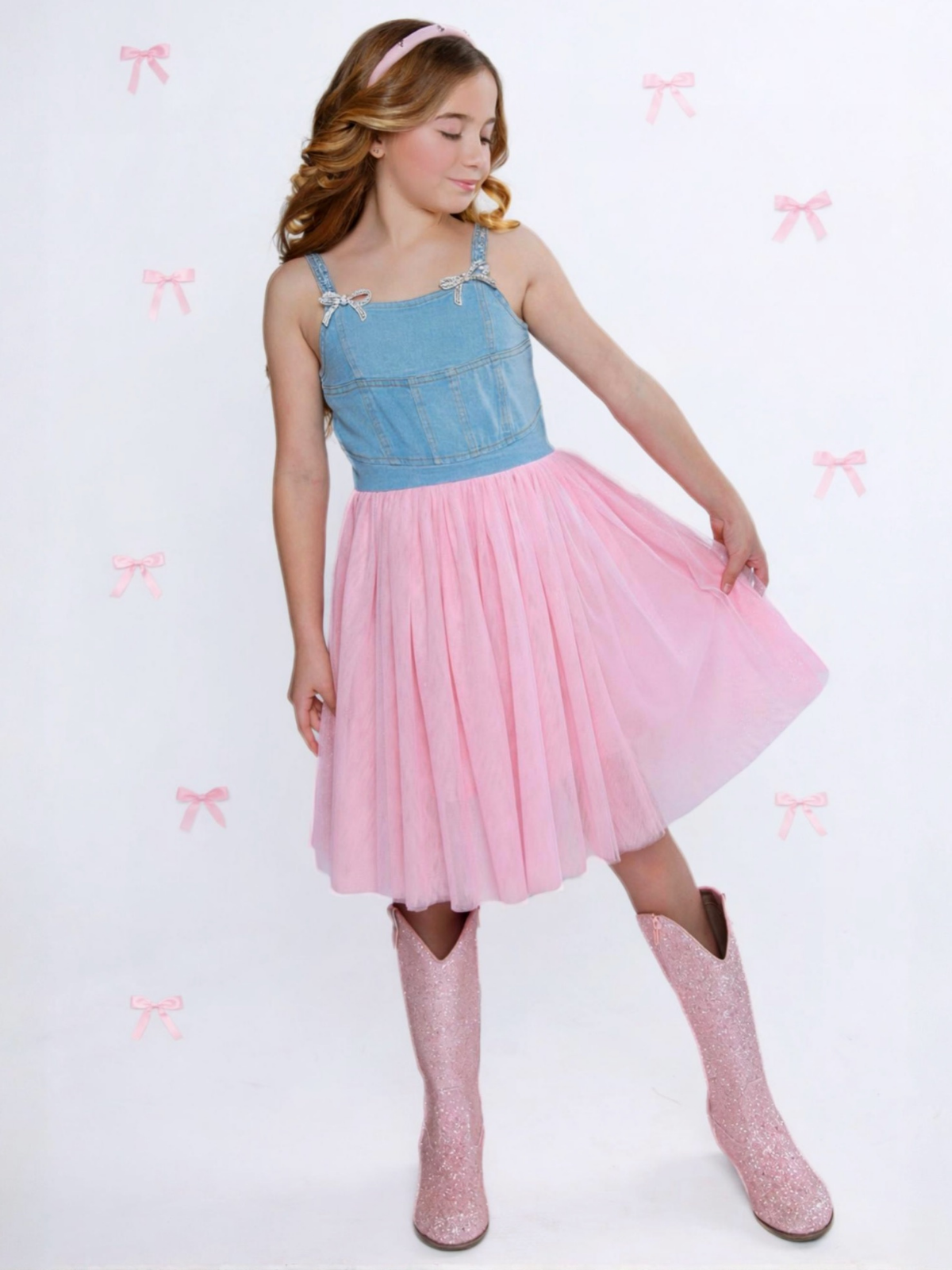 Sparkle Denim Bow Tulle Dress