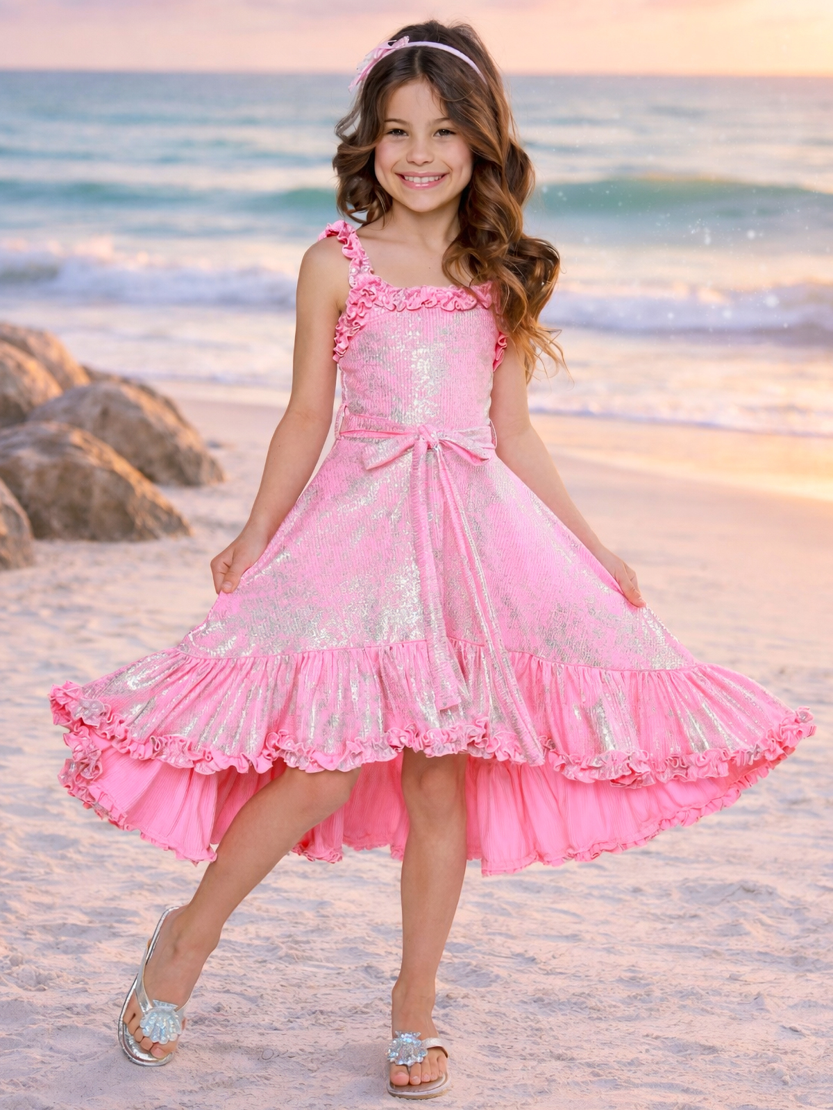 Shimmering Pink Ruffle Hi-Lo Dress