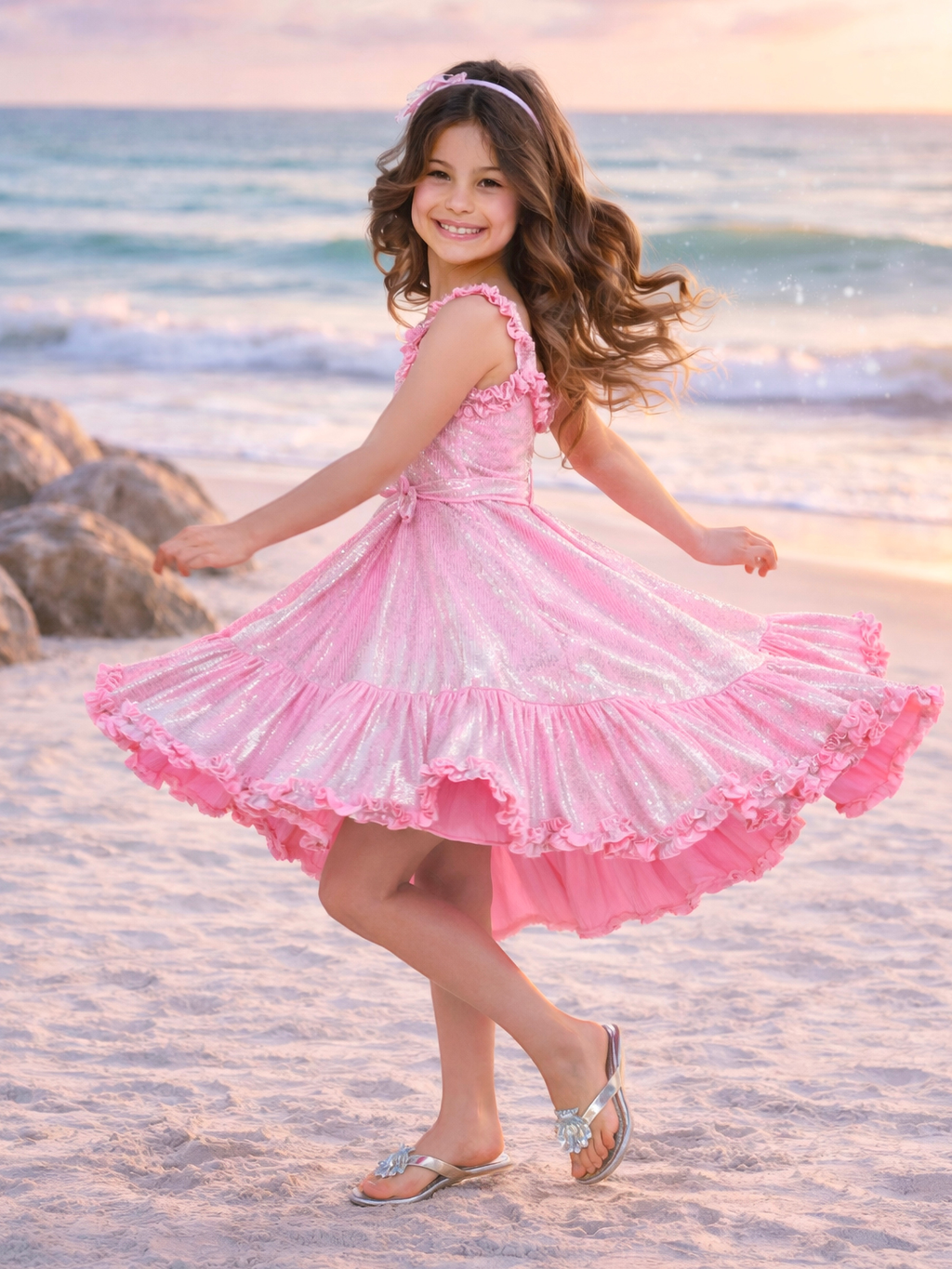 Shimmering Pink Ruffle Hi-Lo Dress