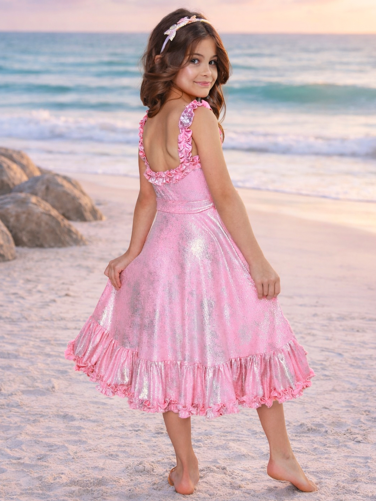 Shimmering Pink Ruffle Hi-Lo Dress