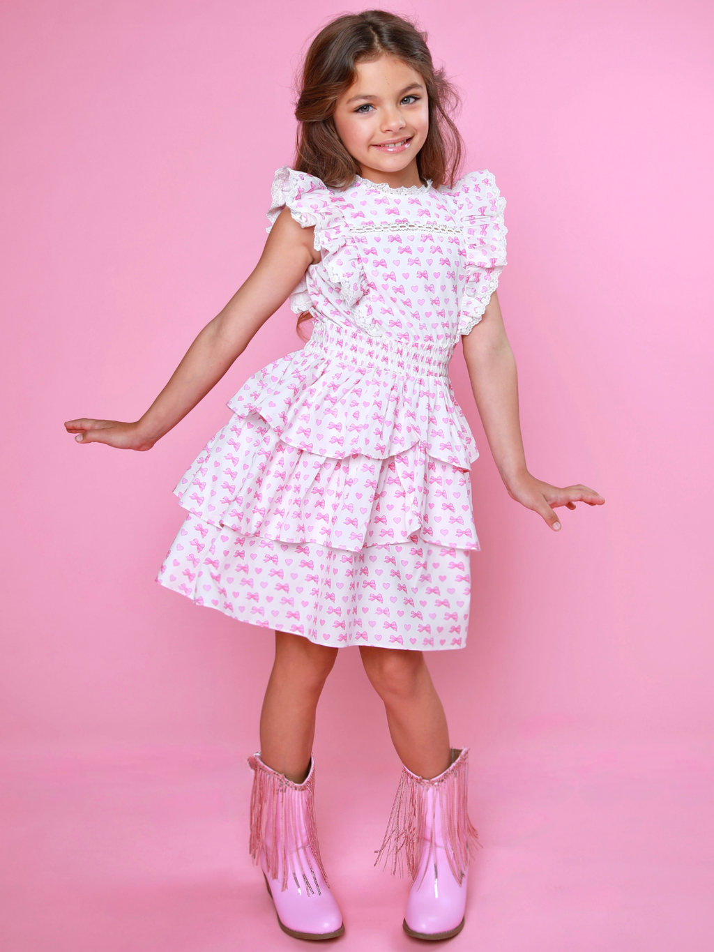 Girly Bow Smocked Ruffle Tiered Dress