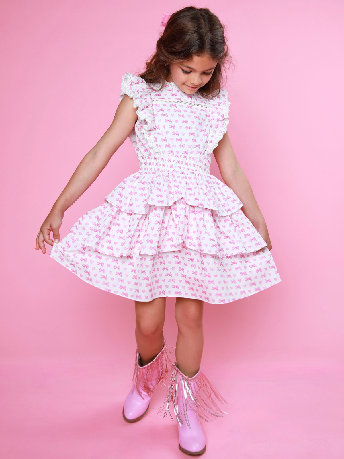 Girly Bow Smocked Ruffle Tiered Dress