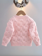 Girls Floral Button-Up Cardigan with Adorable 3D Flower Details and Heart-Shaped Buttons