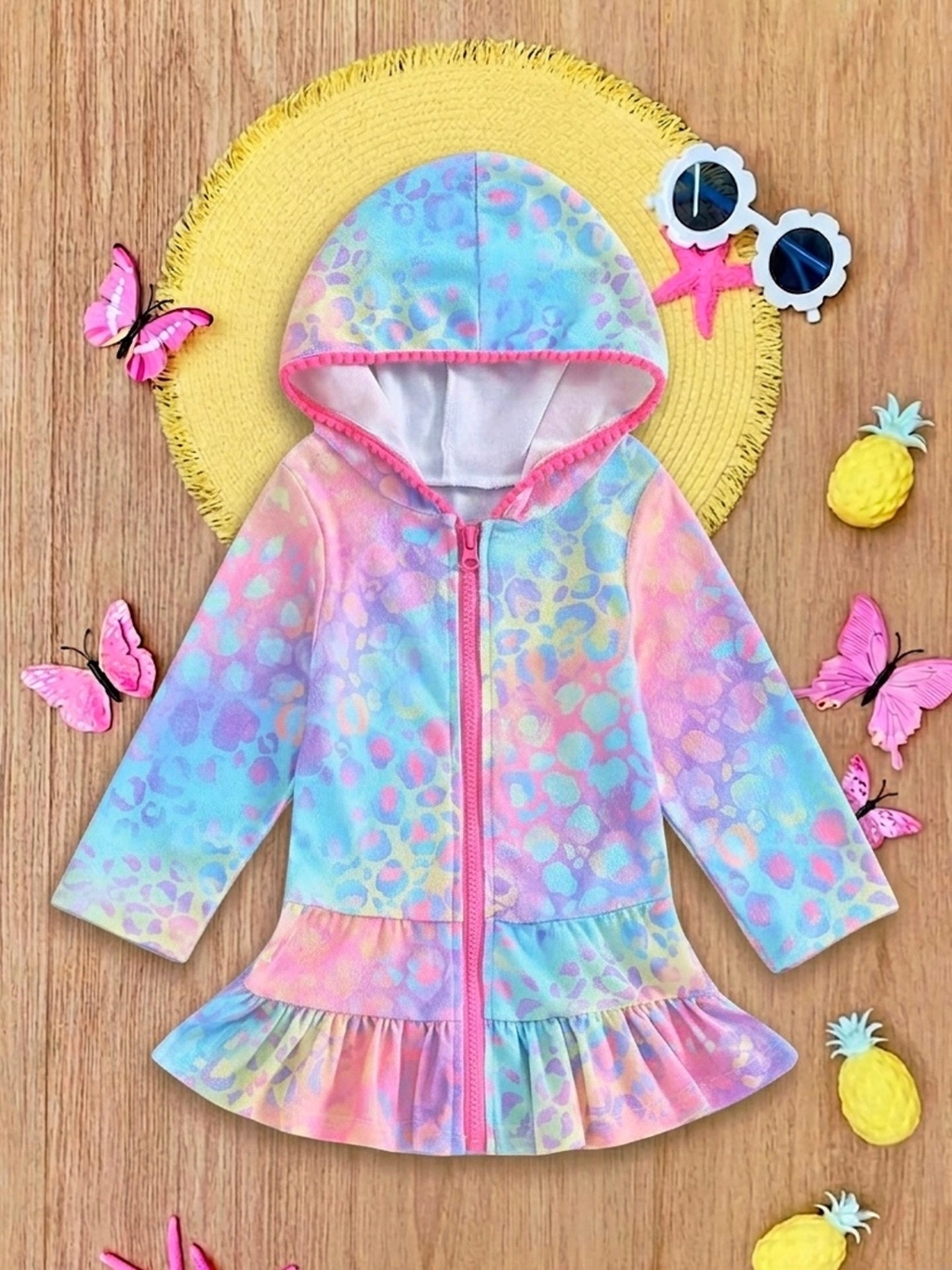 Rainbow Splash Hooded Terry Ruffle Cover Up