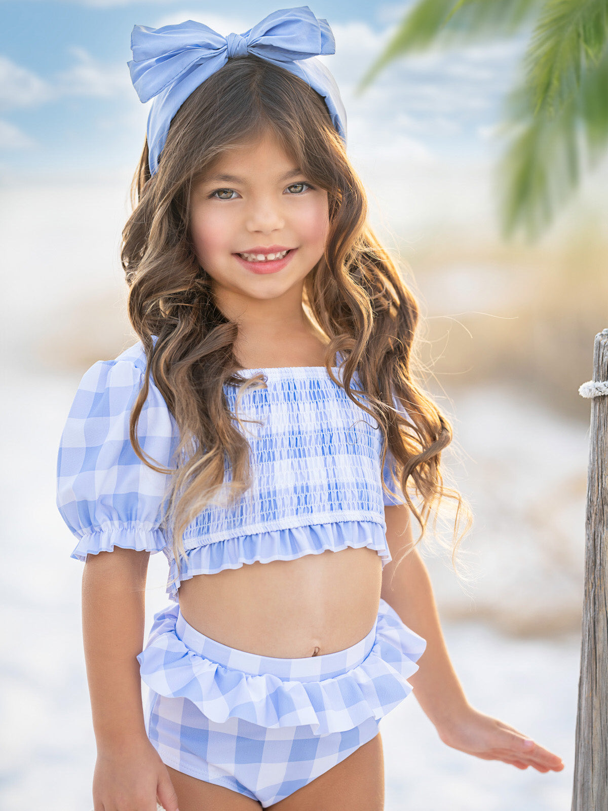 Blue Skies Gingham Puff Sleeve Two-Piece Swimsuit