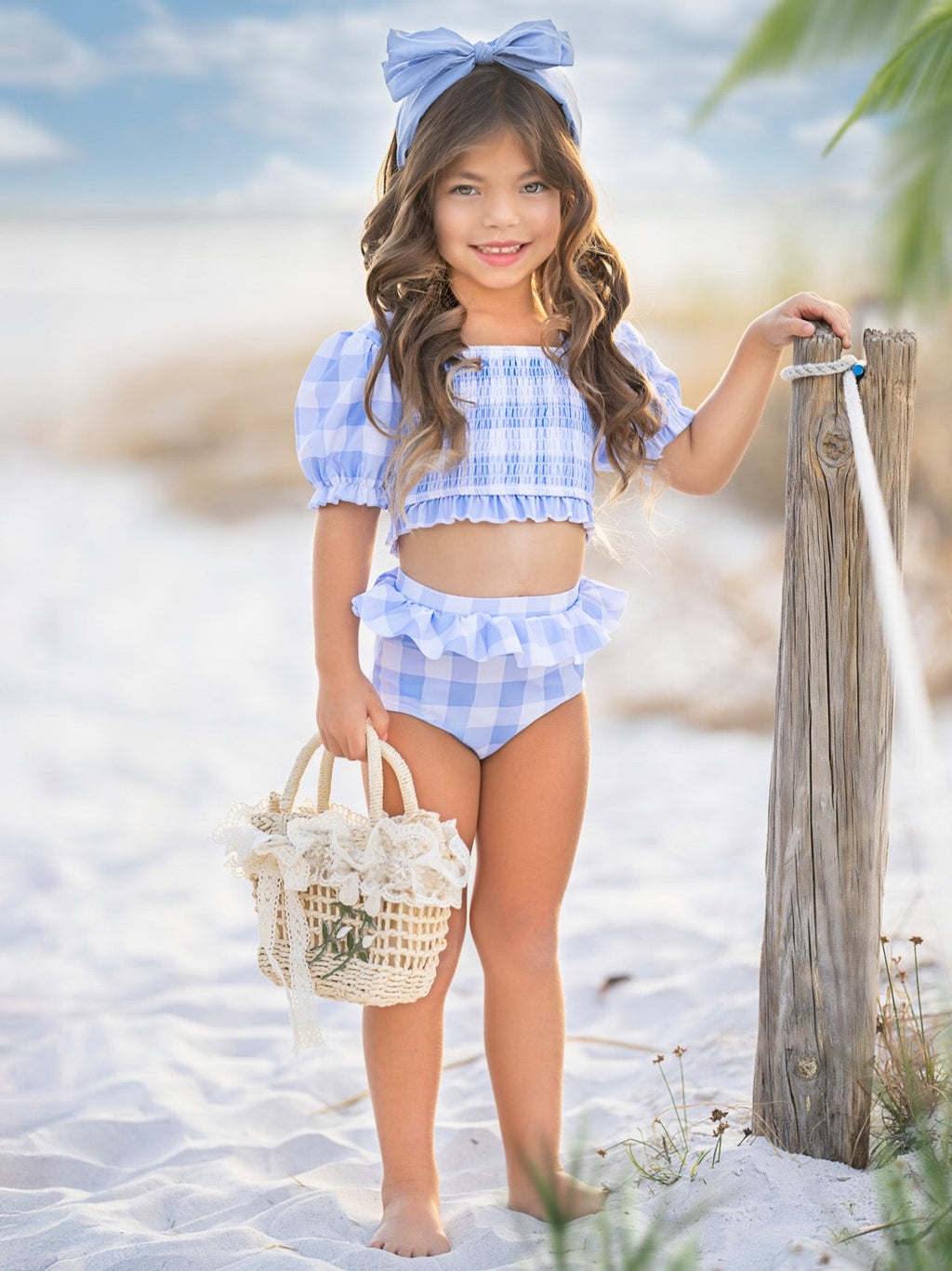 Blue Skies Gingham Puff Sleeve Two-Piece Swimsuit
