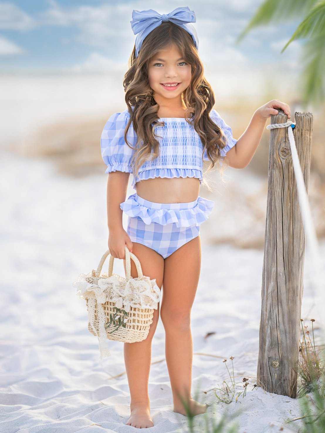 Blue Skies Gingham Puff Sleeve Two-Piece Swimsuit
