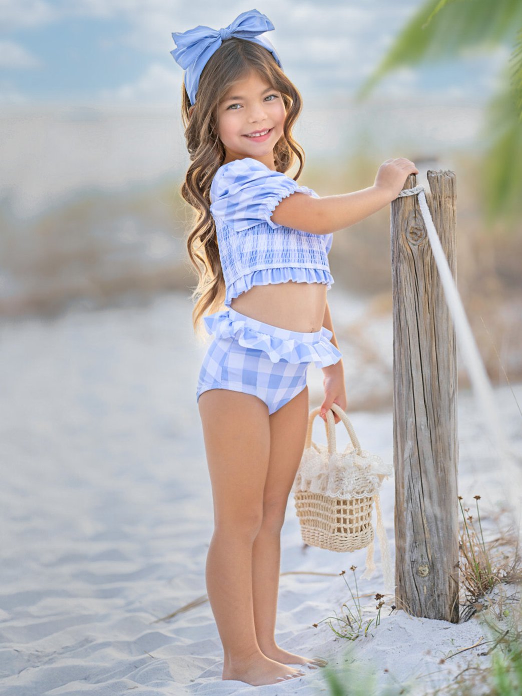Blue Skies Gingham Puff Sleeve Two-Piece Swimsuit
