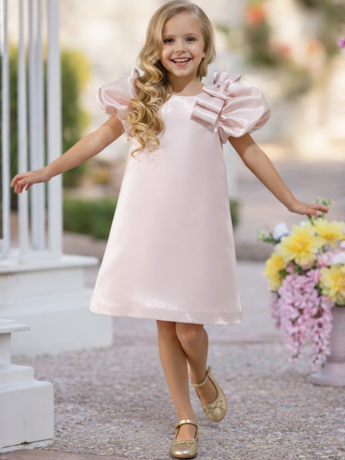 Blush Bow Puff Sleeve Dress