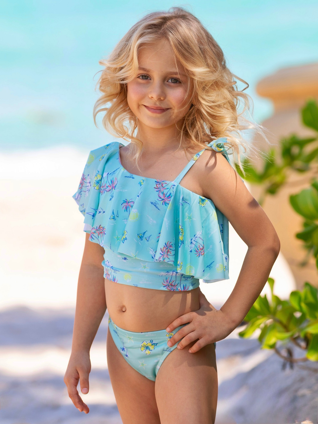 Mommy and Me Seaside Breeze Aqua Ruffle One-Shoulder Tankini Swimsuit