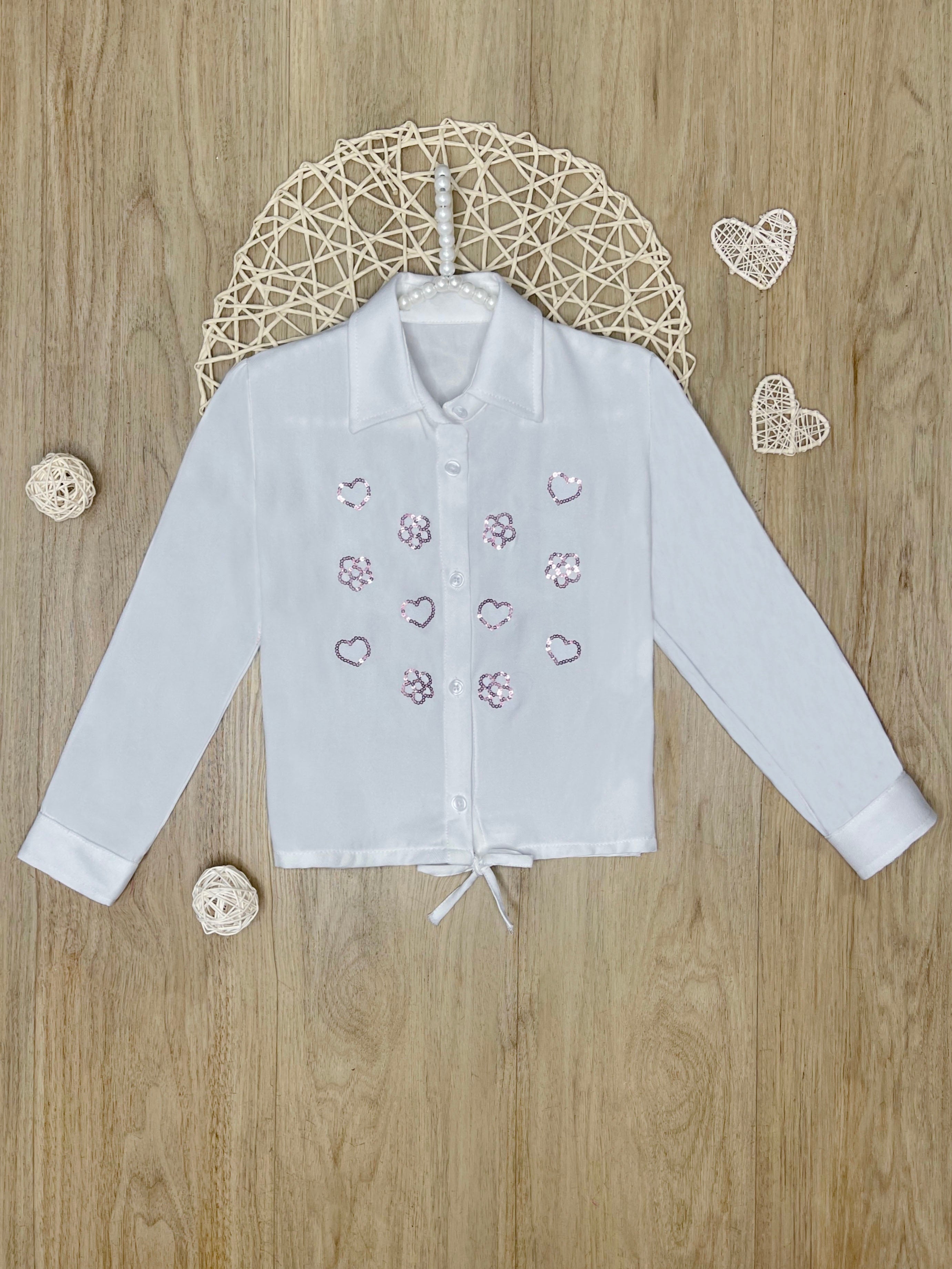 White Sequined Luxe Relaxed Fit Button-Up Top