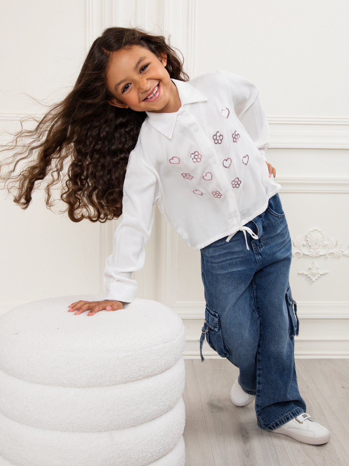 White Sequined Luxe Relaxed Fit Button-Up Top