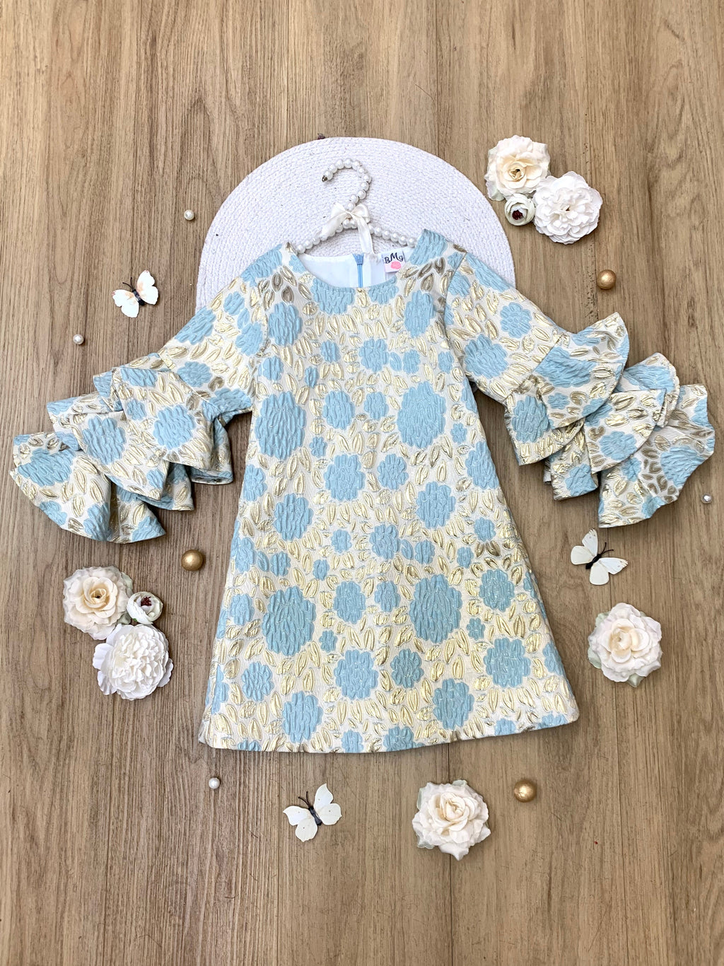 Golden Bloom Metallic Floral Ruffle Sleeve Dress