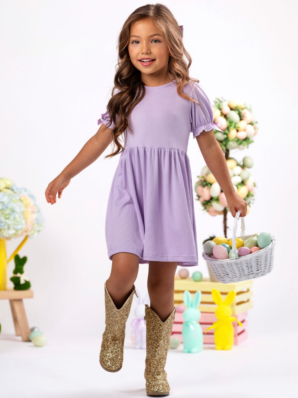 Lavender Charm Ribbed Bow Sleeve Dress