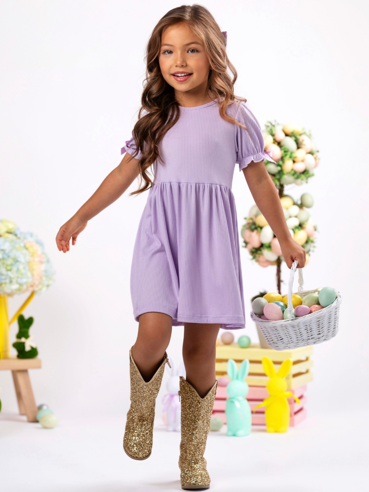 Lavender Charm Ribbed Bow Sleeve Dress