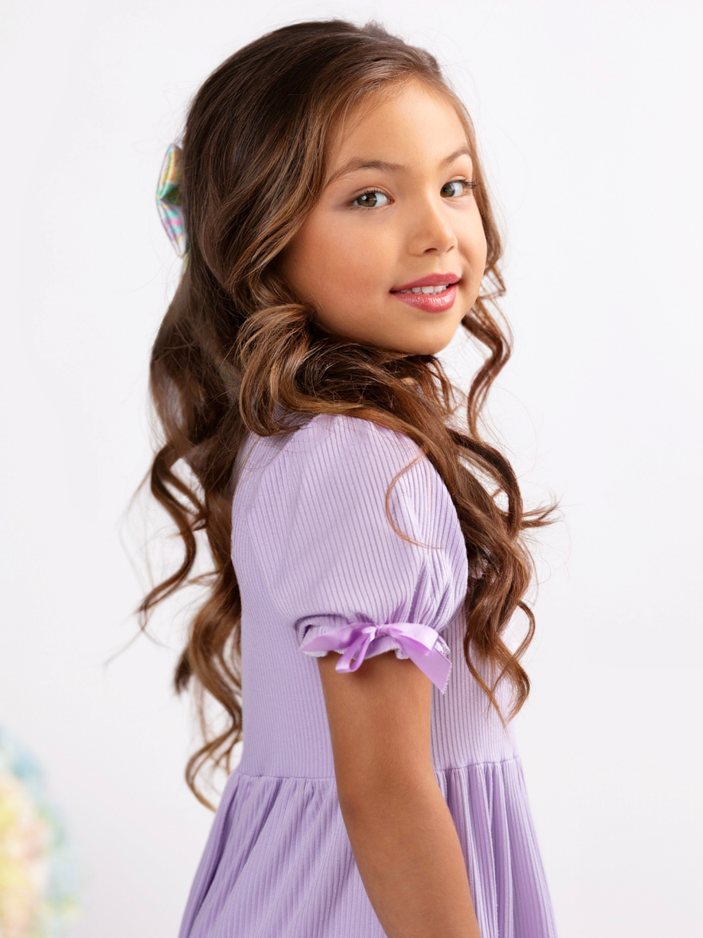 Lavender Charm Ribbed Bow Sleeve Dress