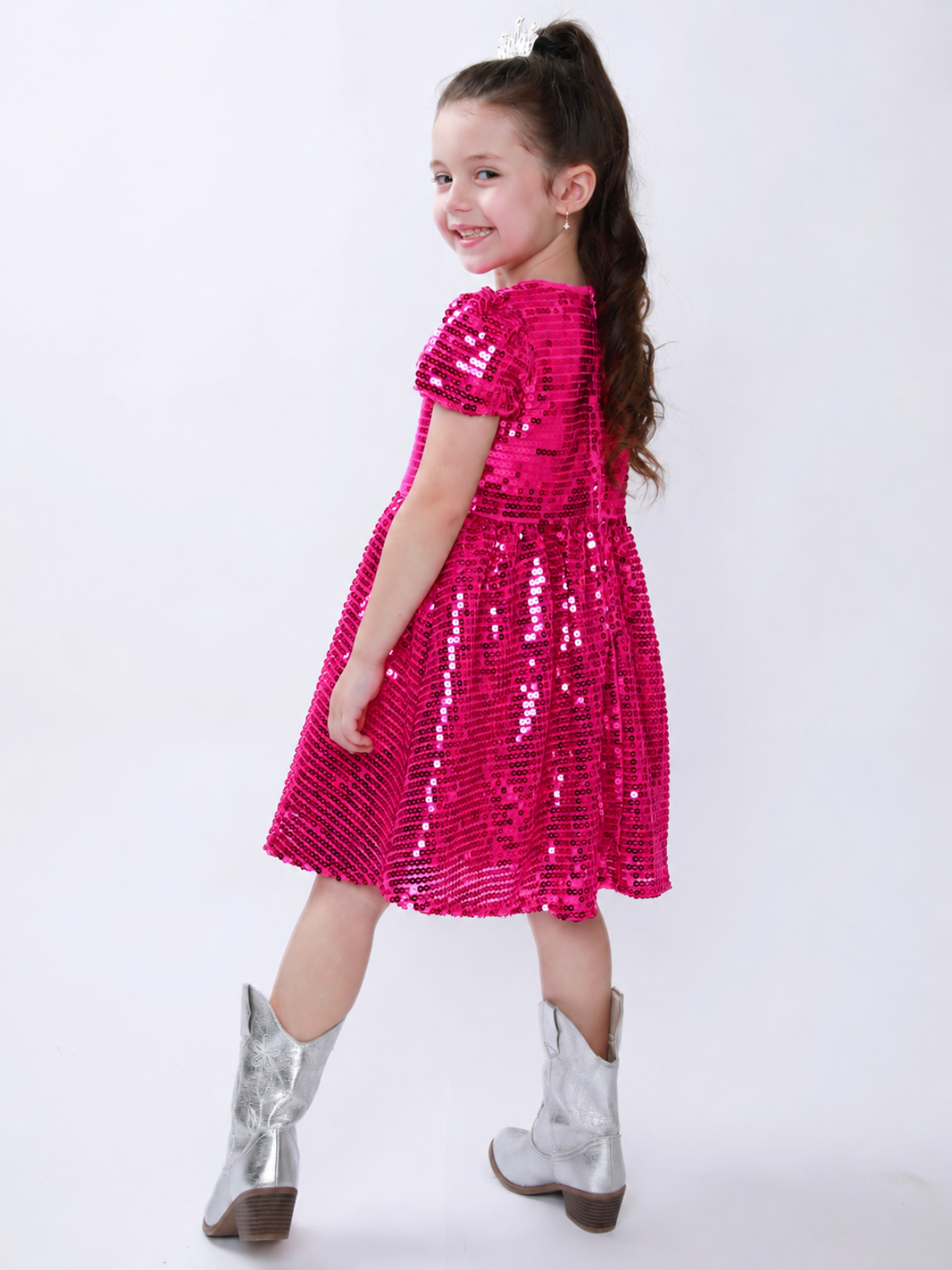 Sparkle Twirl Pink Sequin Puff Sleeve Dress