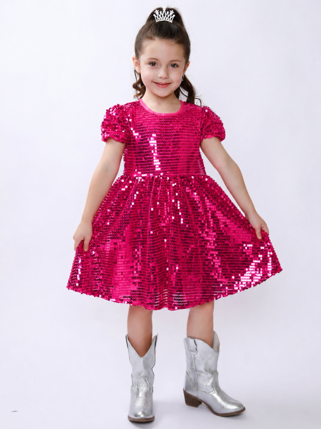 Sparkle Twirl Pink Sequin Puff Sleeve Dress