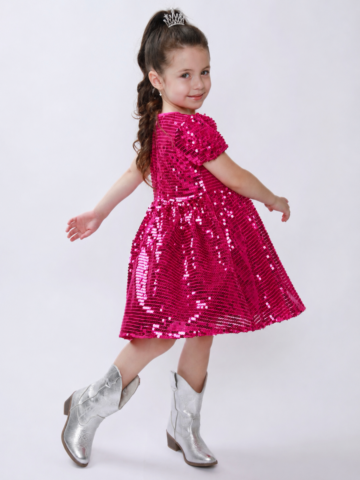 Sparkle Twirl Pink Sequin Puff Sleeve Dress