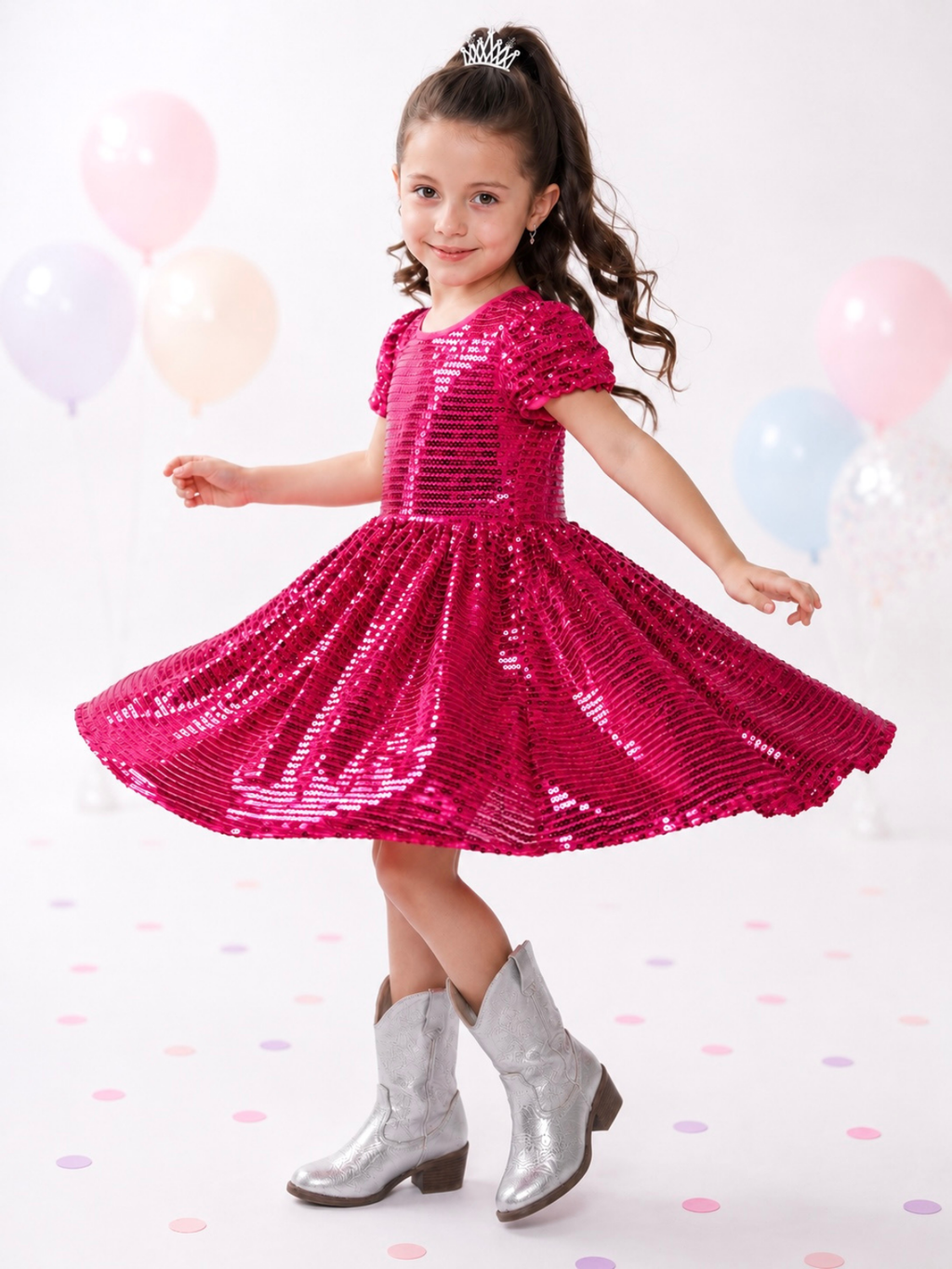 Sparkle Twirl Pink Sequin Puff Sleeve Dress