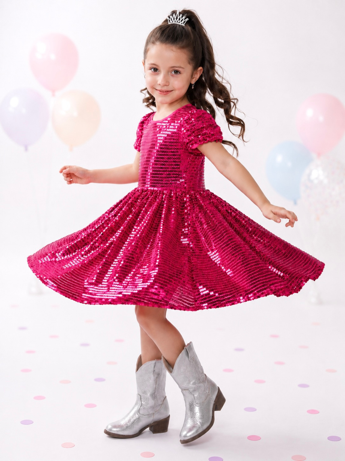 Sparkle Twirl Pink Sequin Puff Sleeve Dress