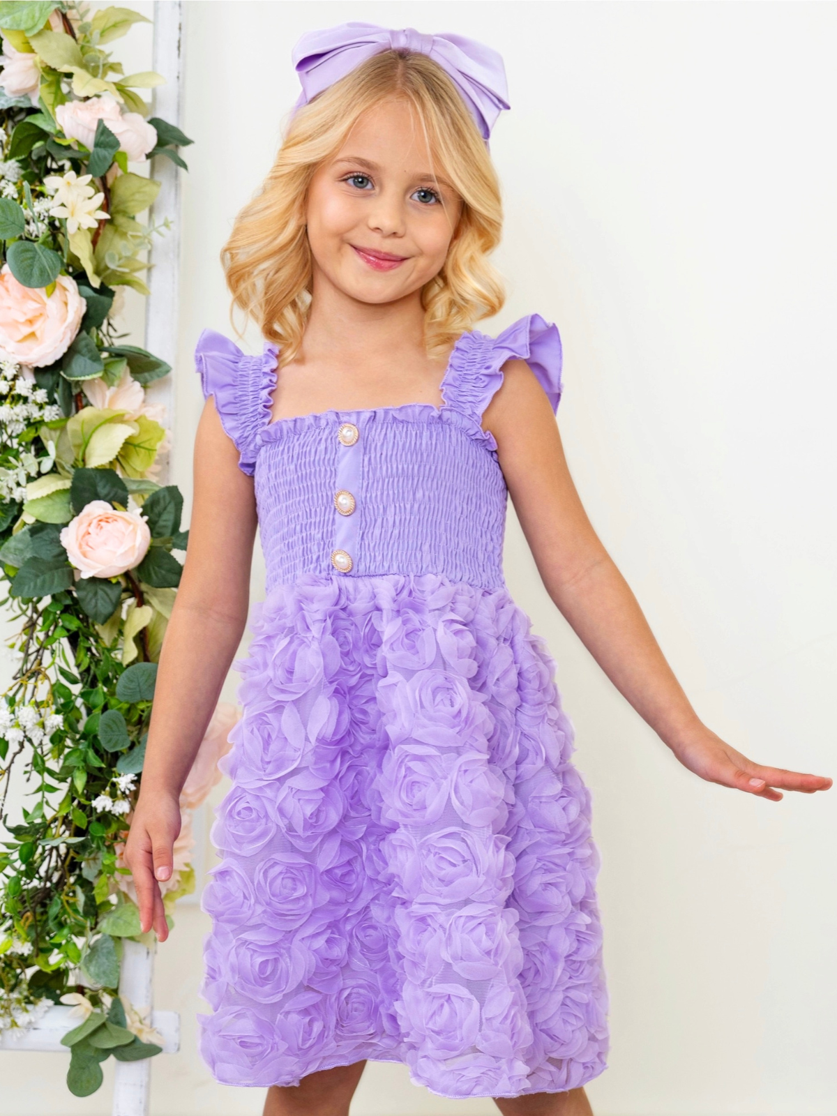 Lavender Bloom Pearl Button Rosette Tulle Dress
