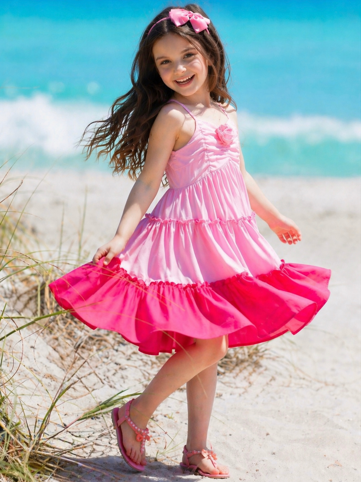 Blushing Pink Ombre Rosette Tiered Dress