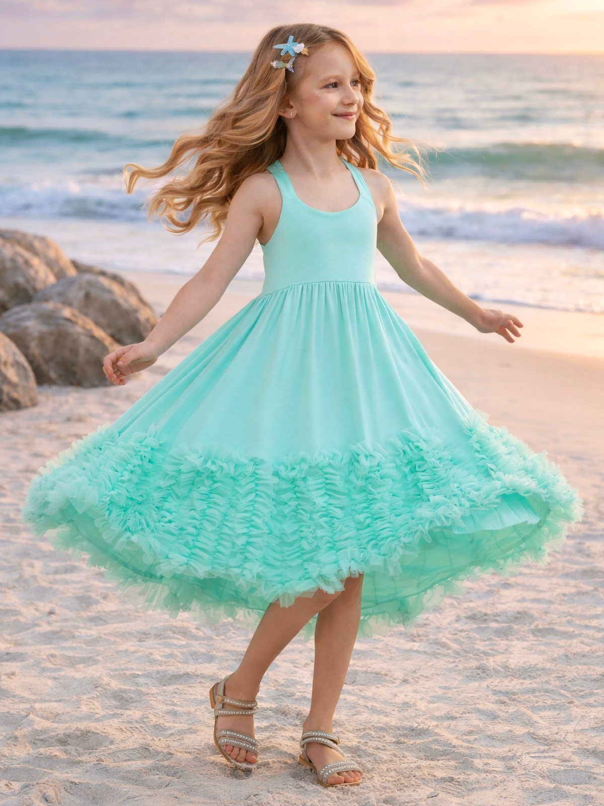 Mermaid Muse Aqua Cotton High-Lo Maxi Dress