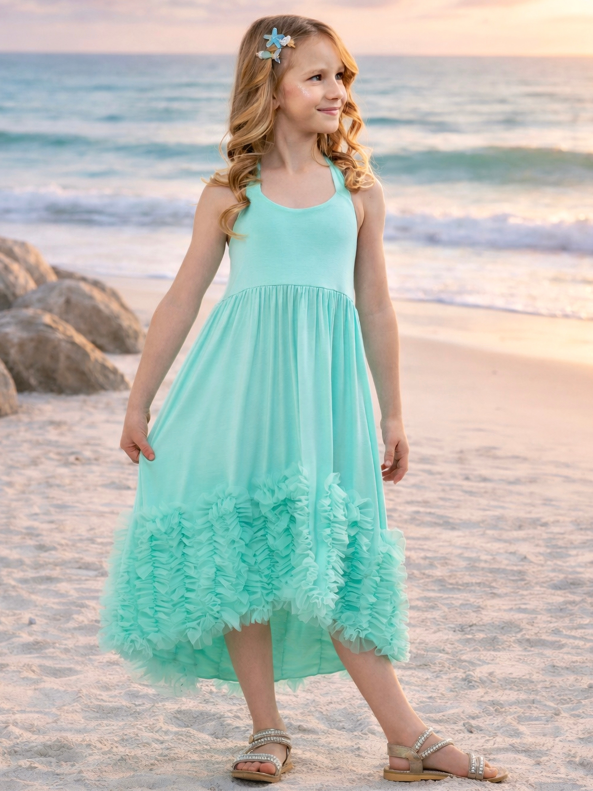 Mermaid Muse Aqua Cotton High-Lo Maxi Dress