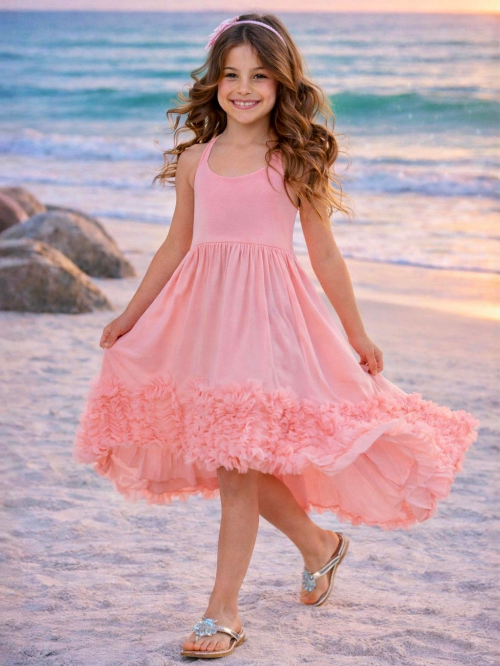 Sunset Bloom Coral Cotton High-Lo Maxi Dress