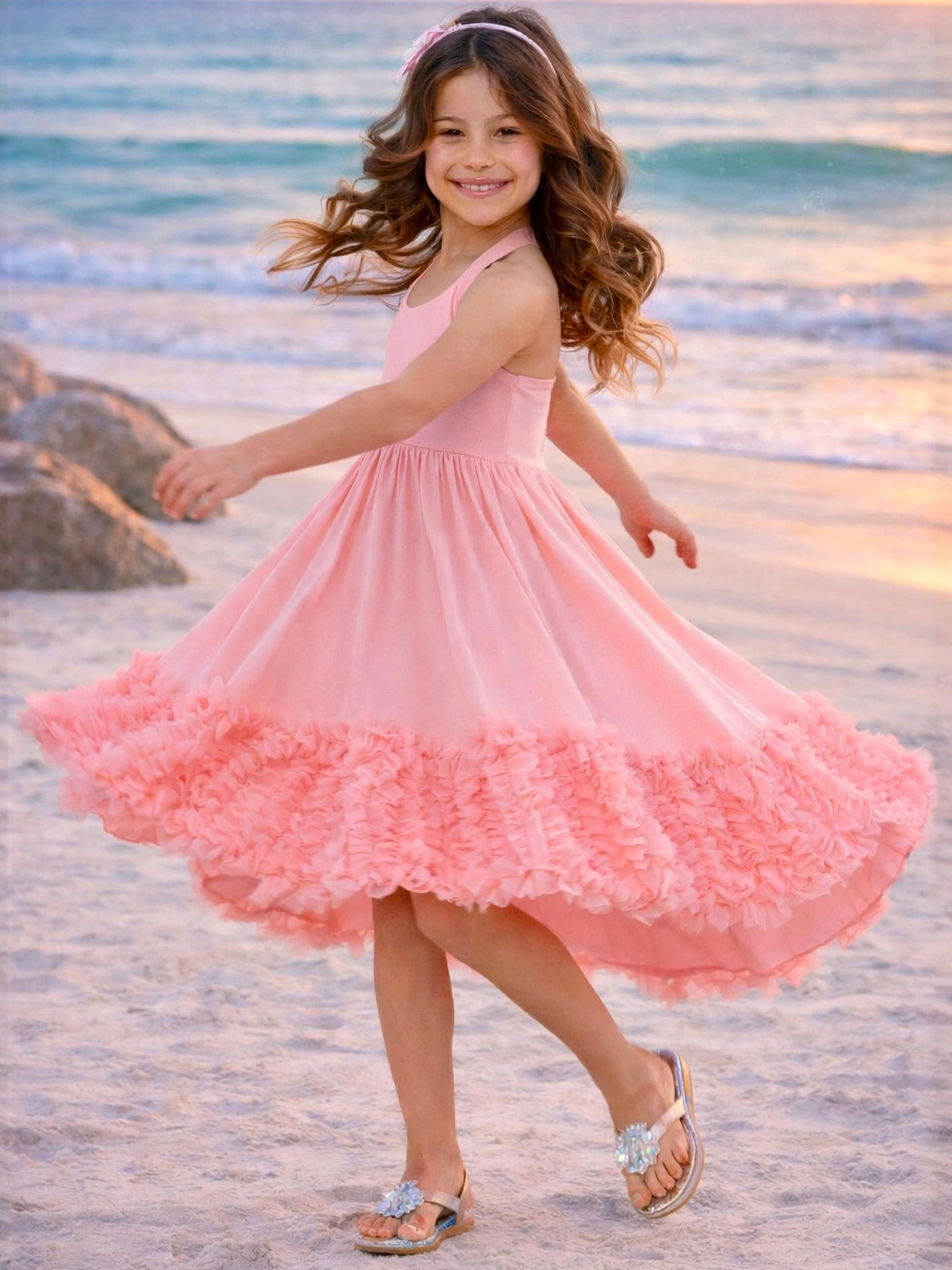 Sunset Bloom Coral Cotton High-Lo Maxi Dress