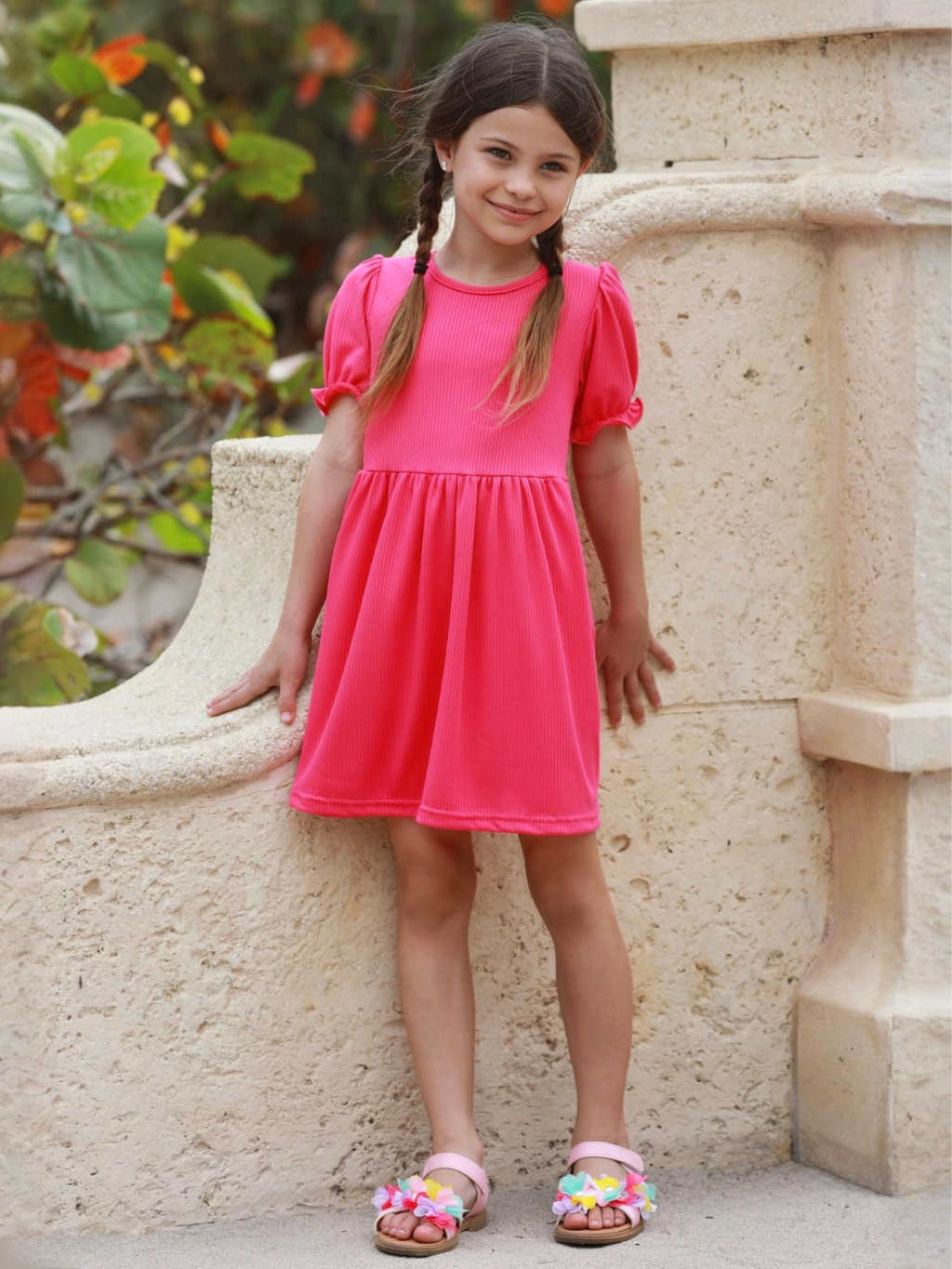 Fuchsia Ribbed Puff Sleeve Everyday Dress