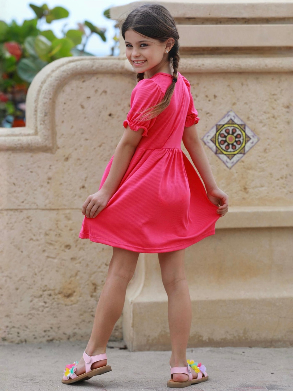Fuchsia Ribbed Puff Sleeve Everyday Dress