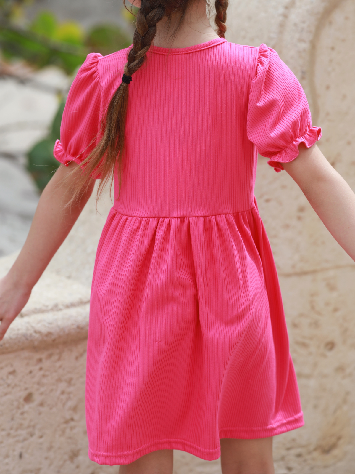 Fuchsia Ribbed Puff Sleeve Everyday Dress