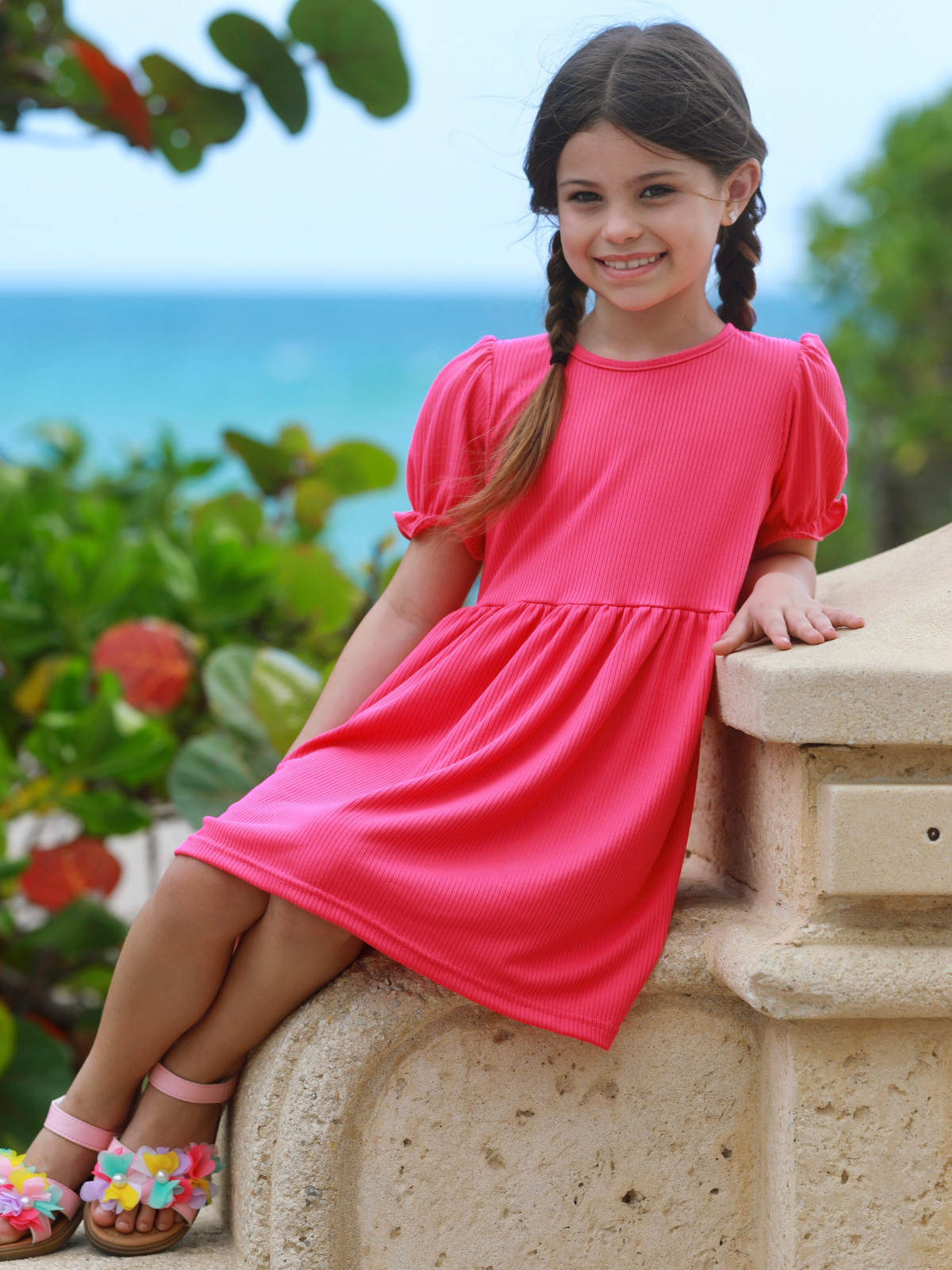 Fuchsia Ribbed Puff Sleeve Everyday Dress