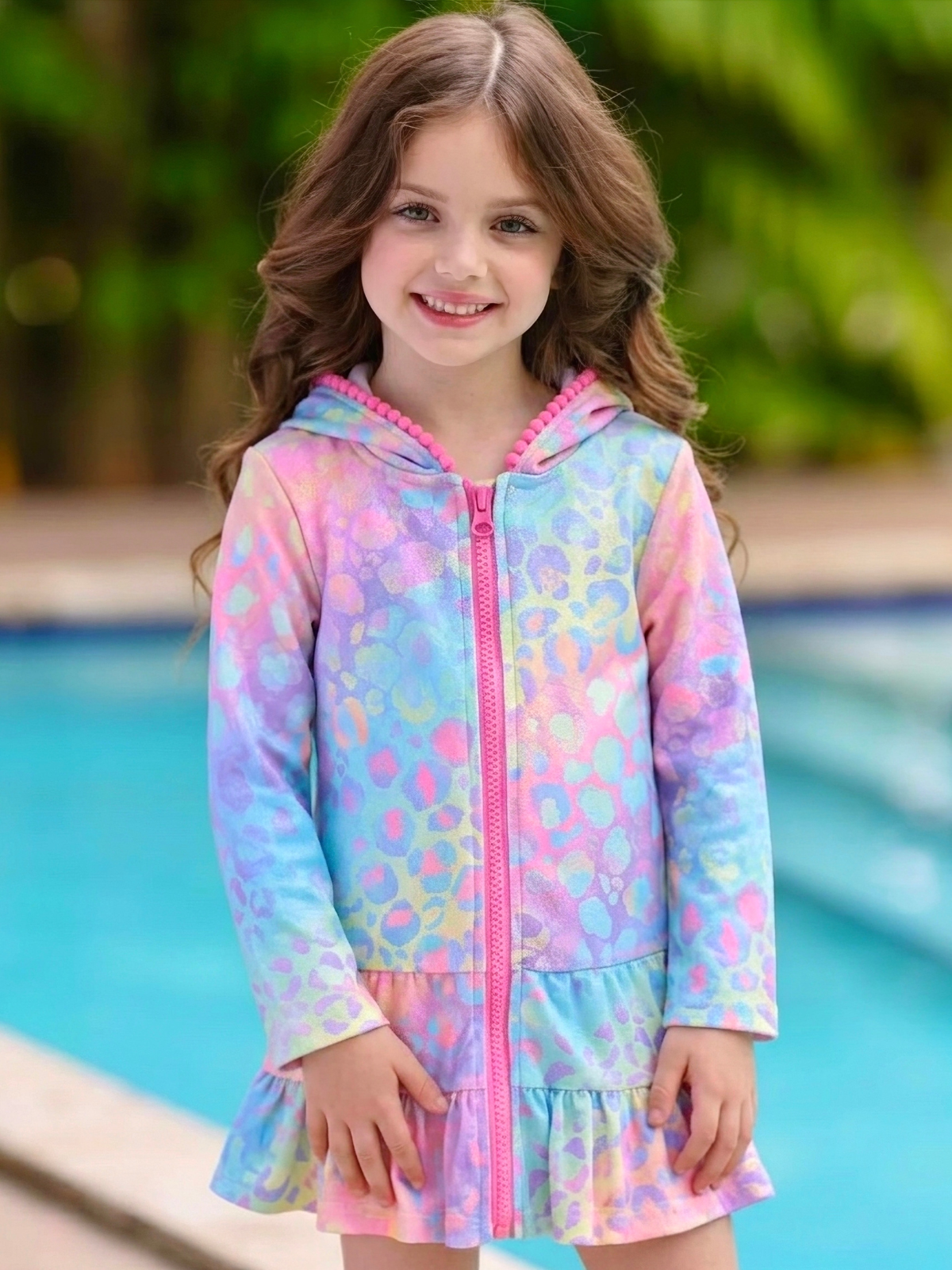Rainbow Splash Hooded Terry Ruffle Cover Up