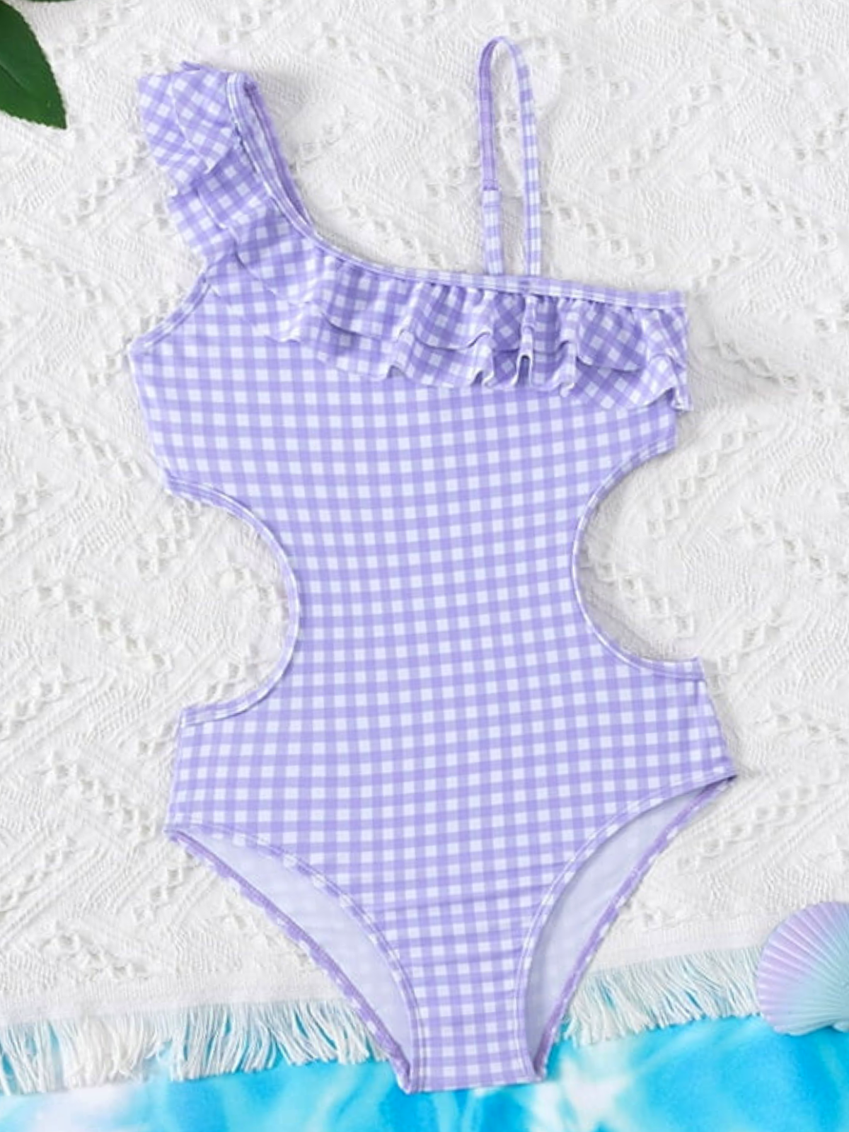 Sweet Lavender Gingham One Shoulder Ruffle Swimsuit