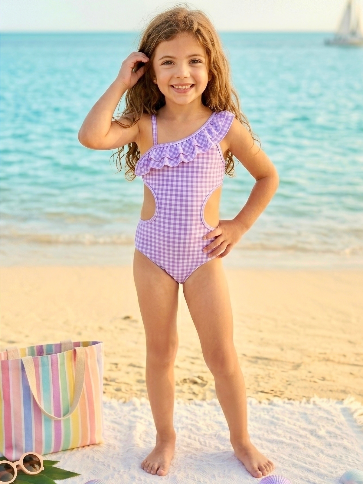 Sweet Lavender Gingham One Shoulder Ruffle Swimsuit
