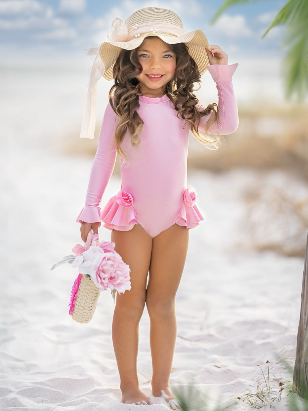 Rose Petal Rash Guard One-Piece Swimsuit