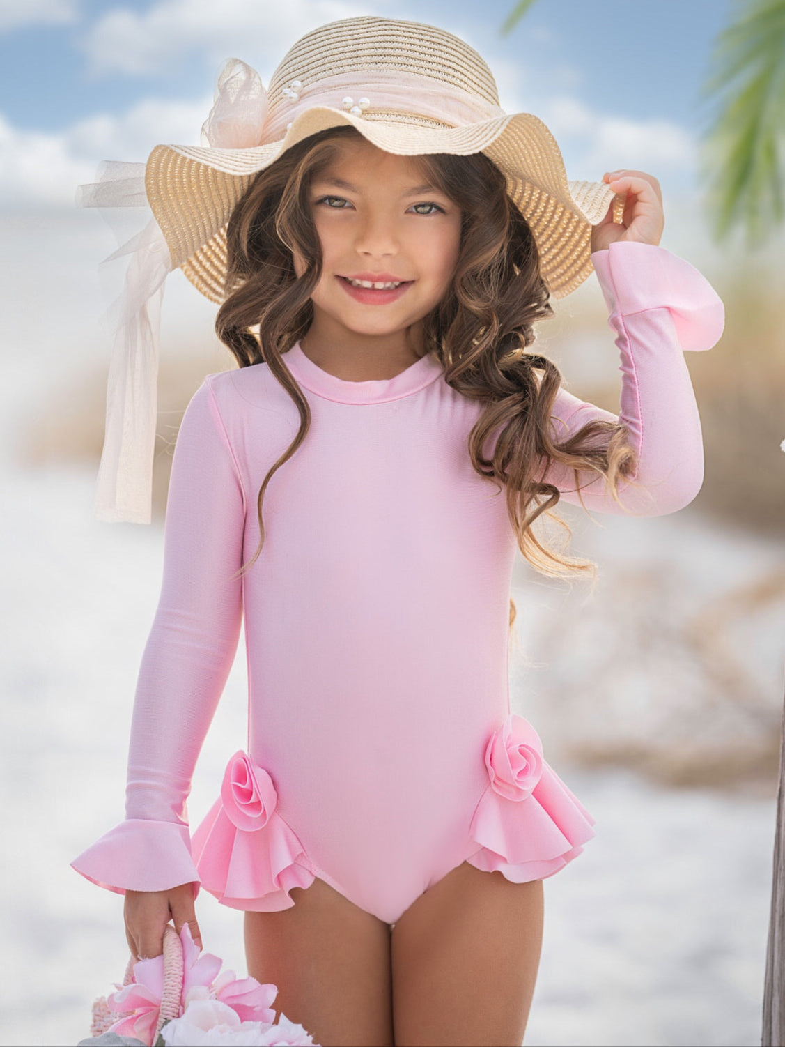 Rose Petal Rash Guard One-Piece Swimsuit